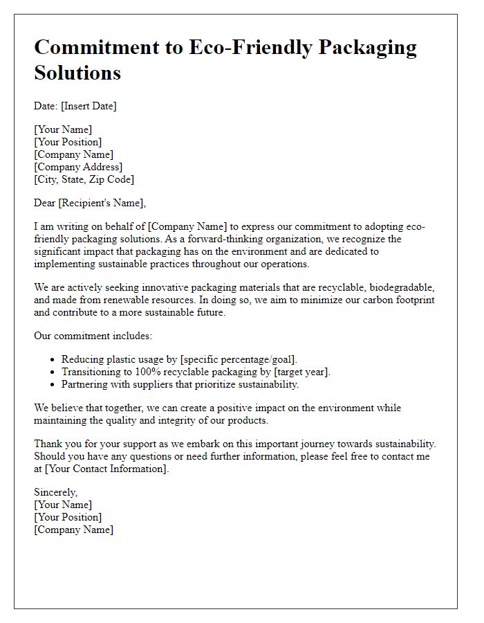 Letter template of commitment to eco-friendly packaging solutions.