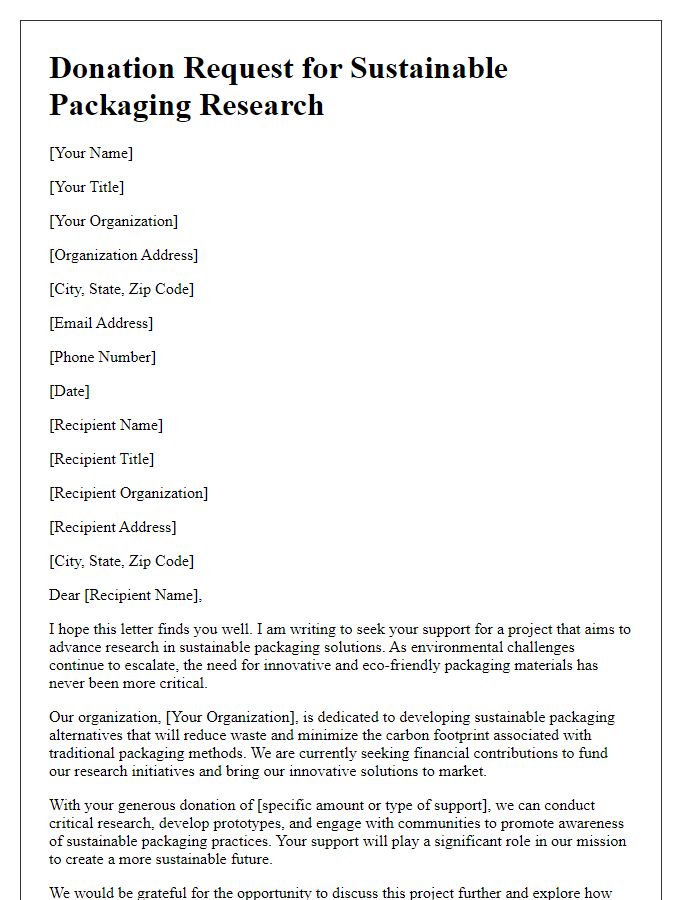 Letter template of donation request for sustainable packaging research.