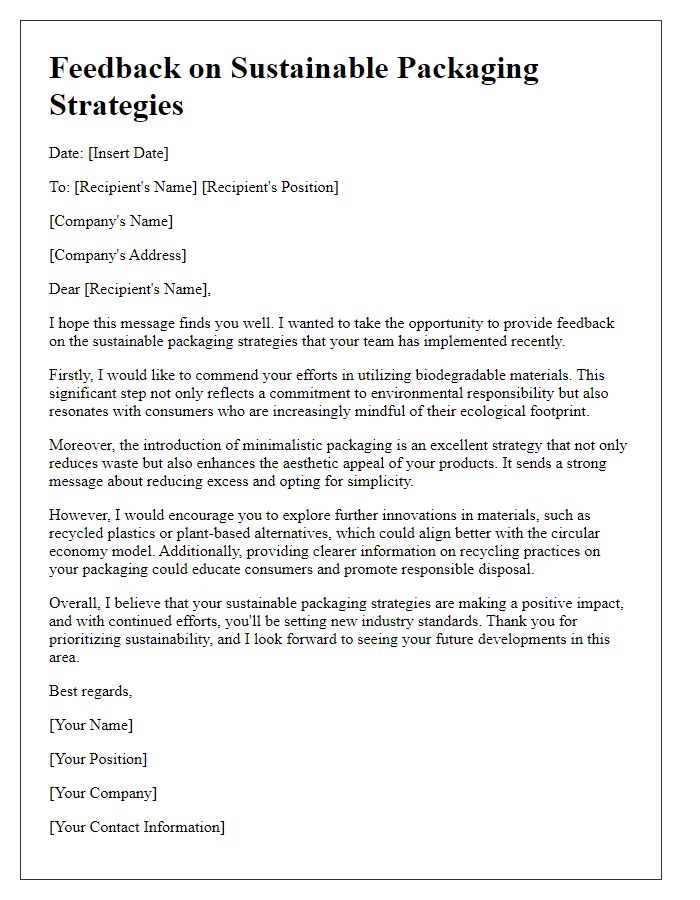 Letter template of feedback on sustainable packaging strategies.