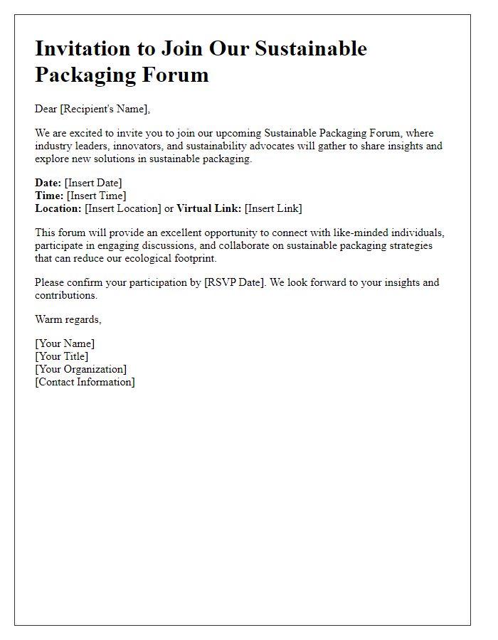 Letter template of invitation to join sustainable packaging forums.