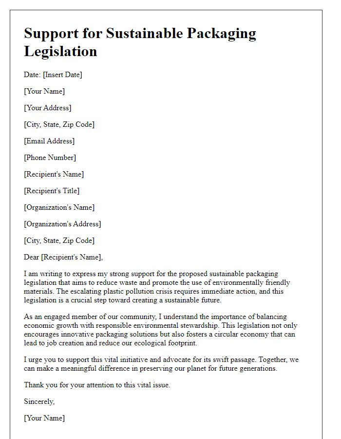 Letter template of support for sustainable packaging legislation.