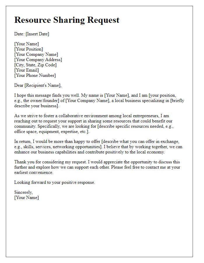 Letter template of business resource sharing request for local entrepreneurs