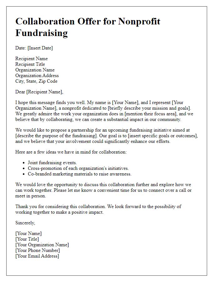 Letter template of collaboration offer for nonprofit fundraising