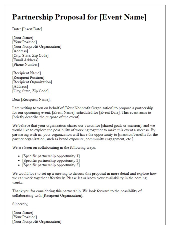 Letter template of nonprofit partnership proposal for events