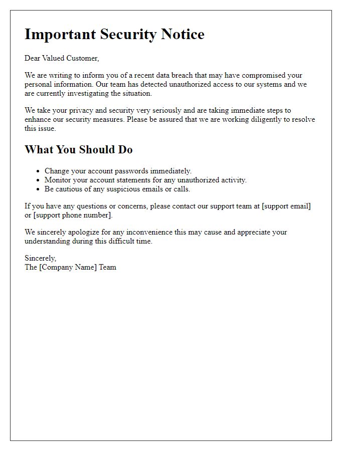 Letter template of alert for customers about recent data breach