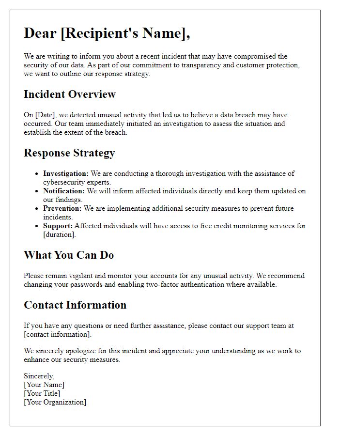 Letter template of communication on data breach response strategy