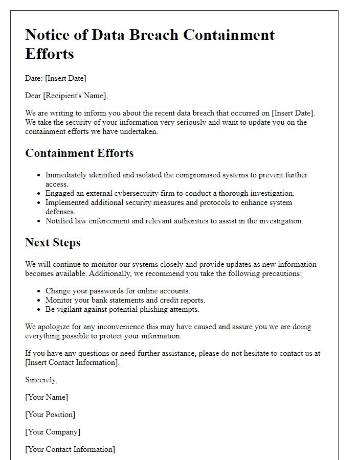 Letter template of information on data breach containment efforts