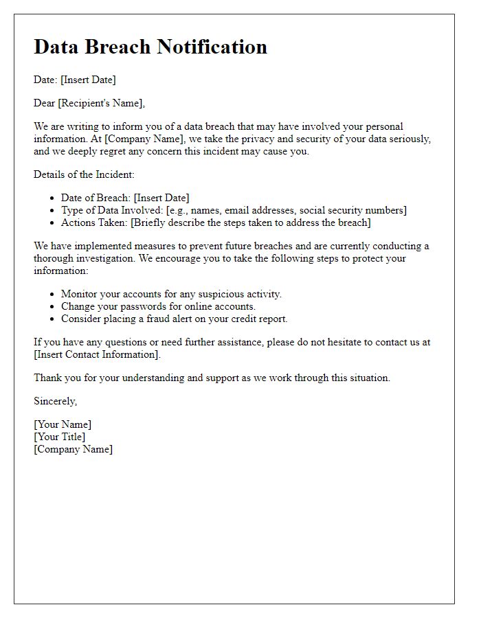 Letter template of notification regarding data breach security update