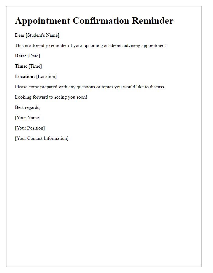 Letter template of appointment confirmation reminder for academic advising
