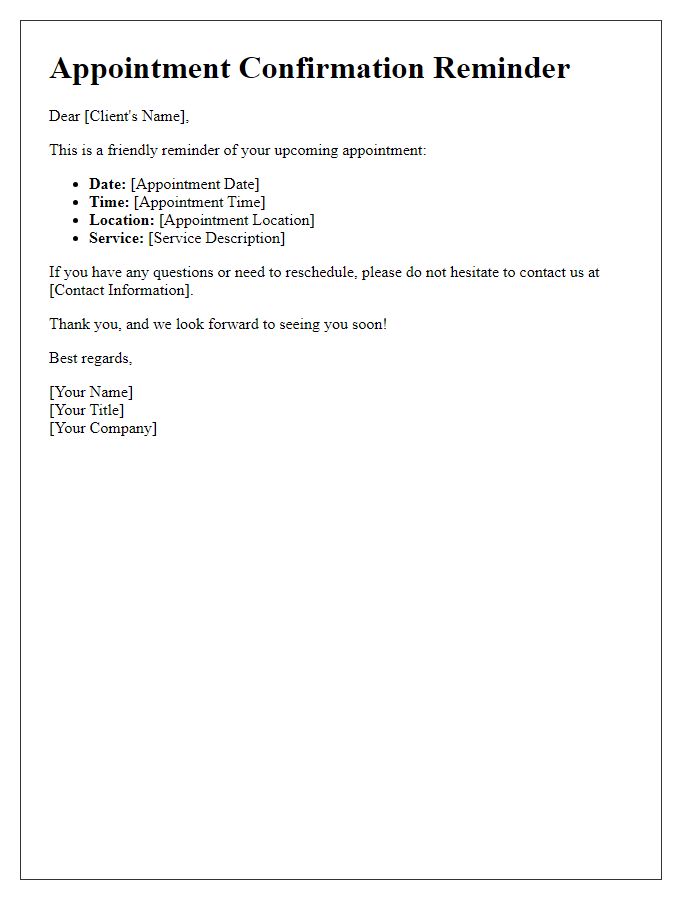 Letter template of appointment confirmation reminder for clients