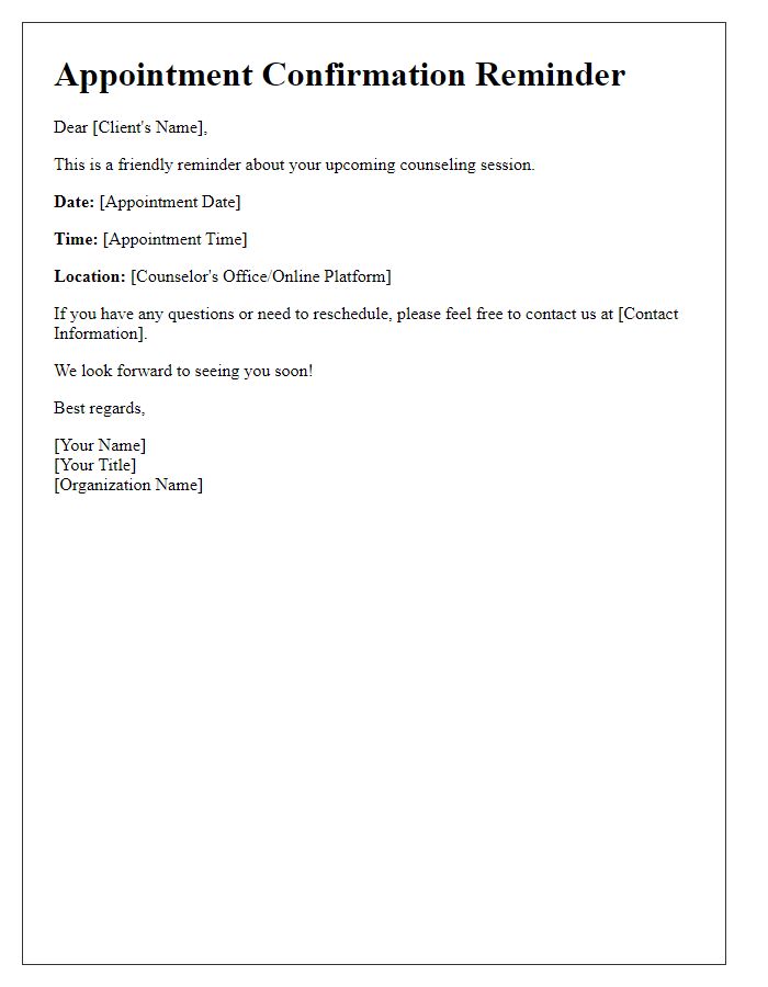 Letter template of appointment confirmation reminder for counseling sessions