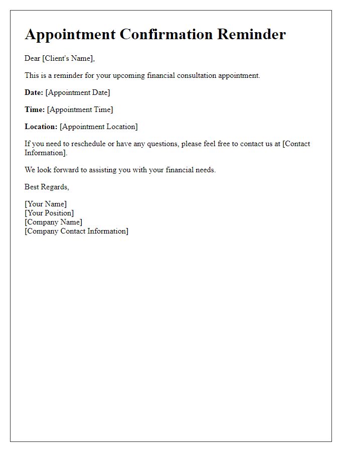 Letter template of appointment confirmation reminder for financial consultations