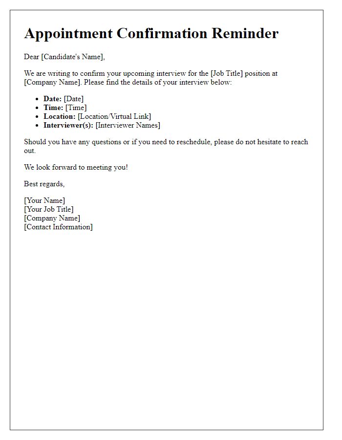 Letter template of appointment confirmation reminder for job interviews