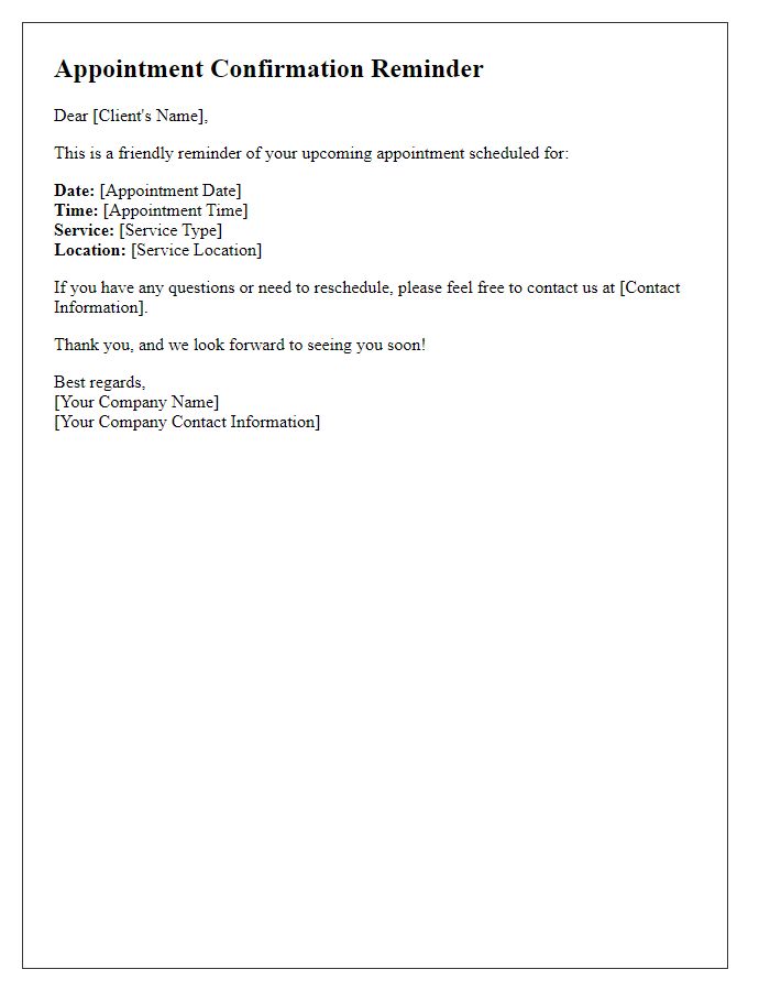 Letter template of appointment confirmation reminder for service appointments