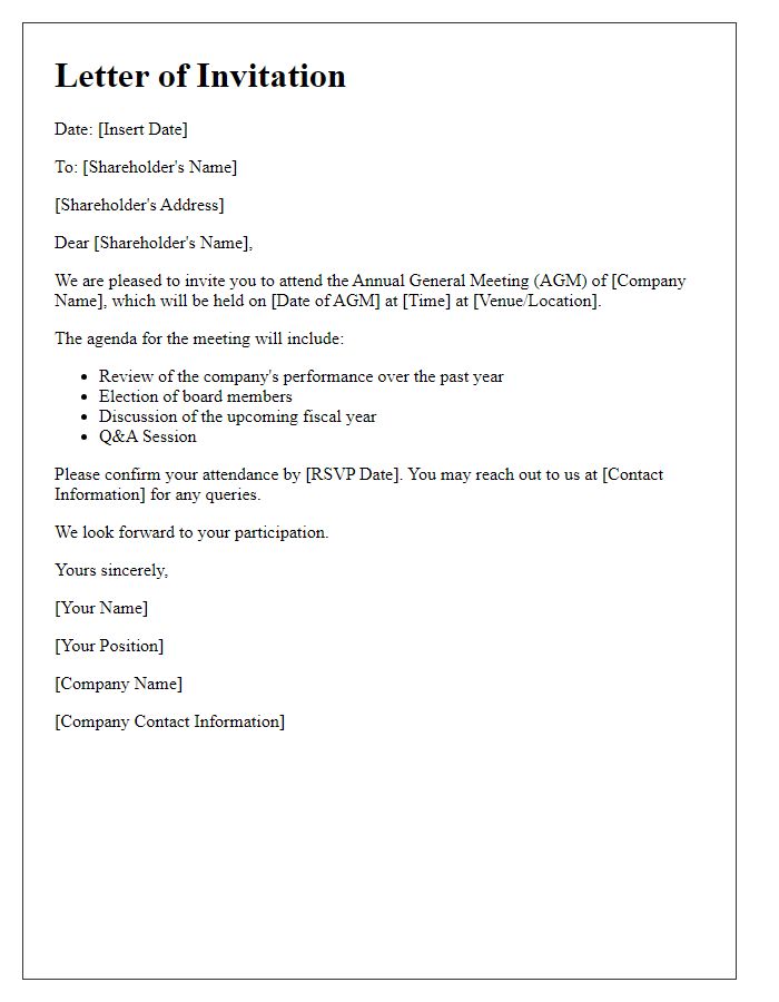 Letter template of formal invitation to shareholders for AGM