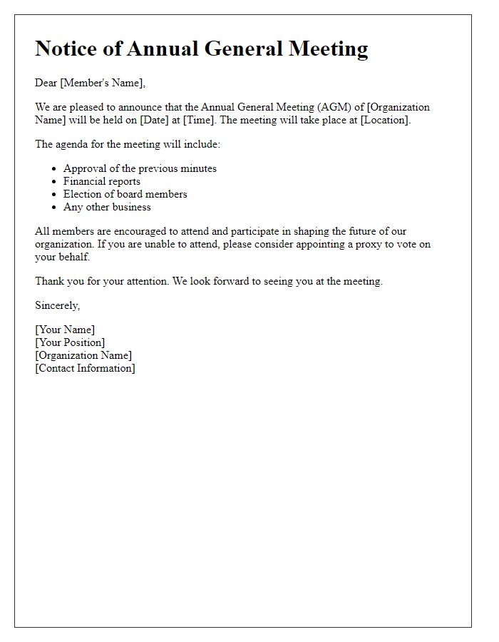 Letter template of notice for the upcoming annual general meeting