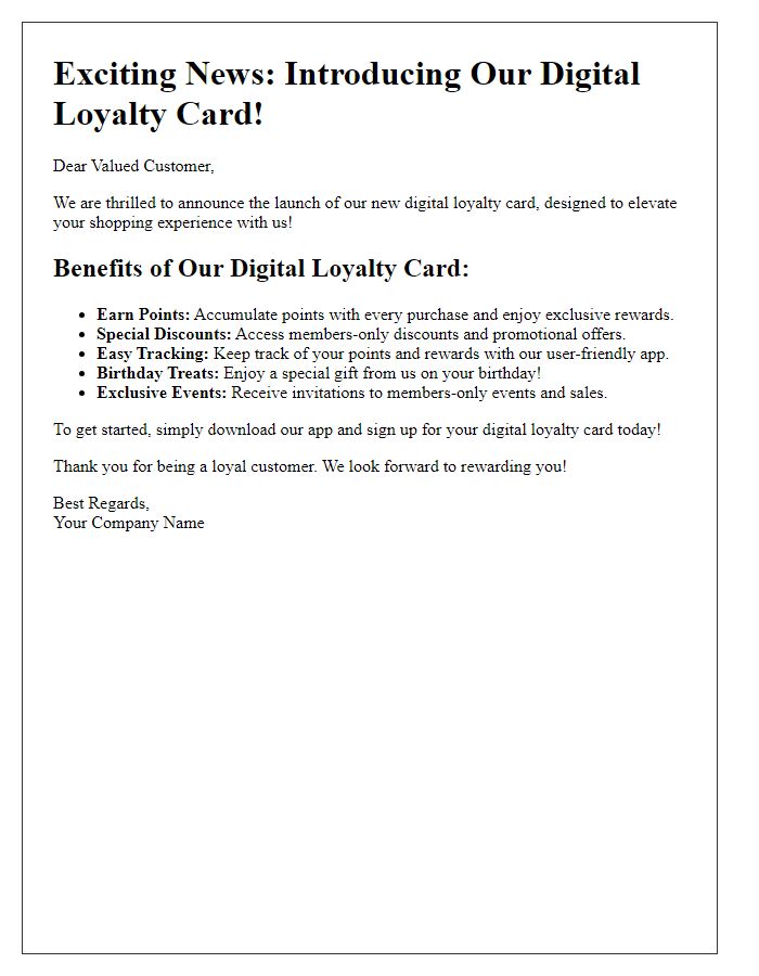 Letter template of announcing the benefits of our digital loyalty card