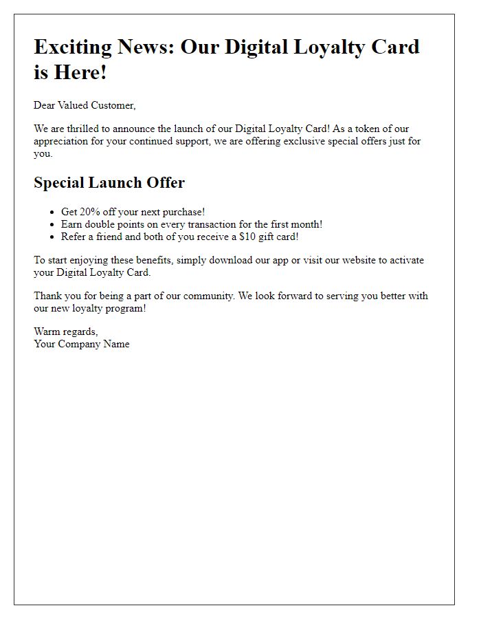 Letter template of celebrating our digital loyalty card launch with special offers