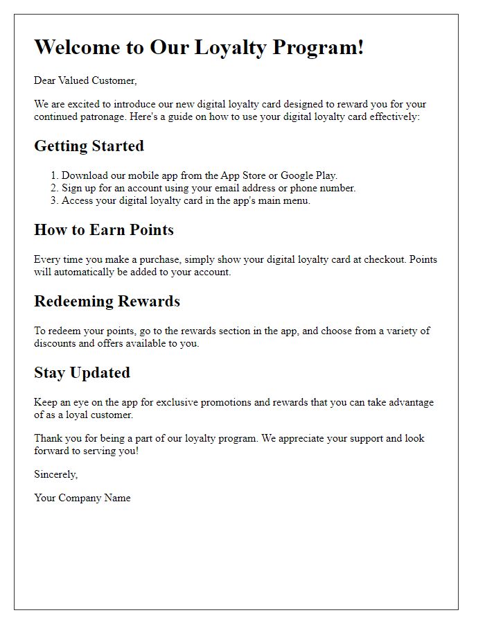 Letter template of detailing how to use your digital loyalty card