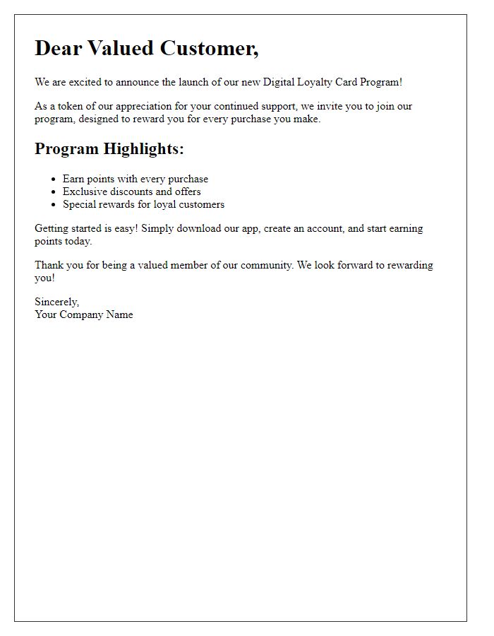 Letter template of introducing our new digital loyalty card program