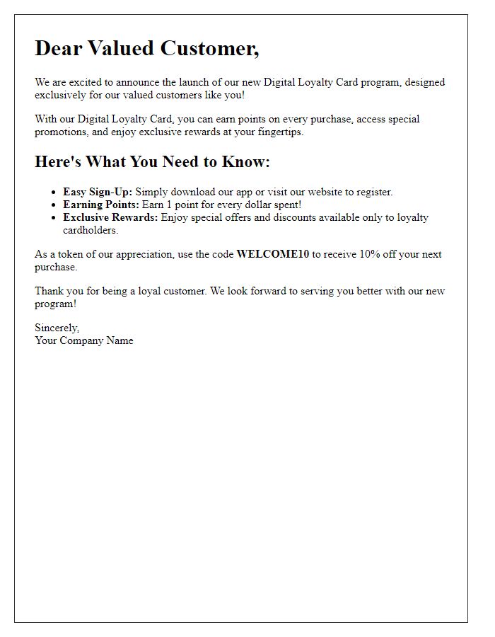 Letter template of launching a digital loyalty card for valued customers