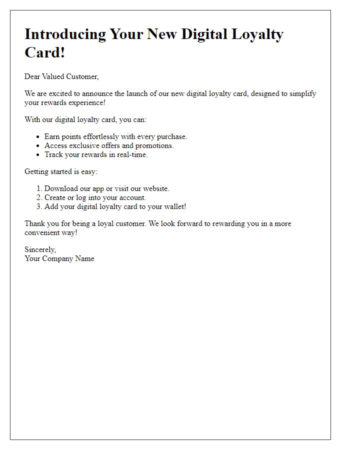 Letter template of the new digital loyalty card: Simplifying your rewards