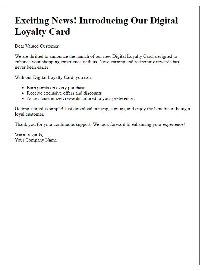 Letter template of revealing our digital loyalty card for enhanced customer engagement