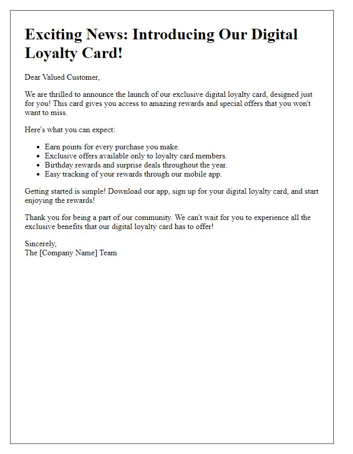 Letter template of unveiling a digital loyalty card for exclusive rewards