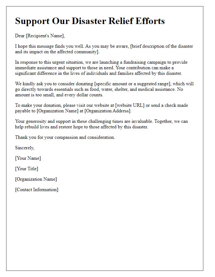 Letter template of fundraising support for disaster relief efforts.