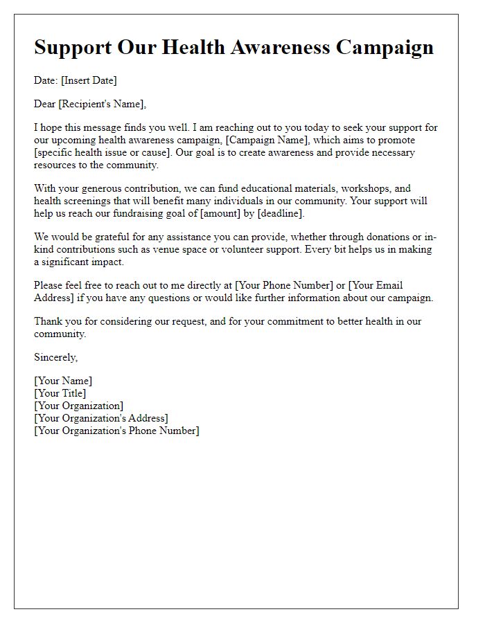 Letter template of fundraising support for health awareness campaigns.