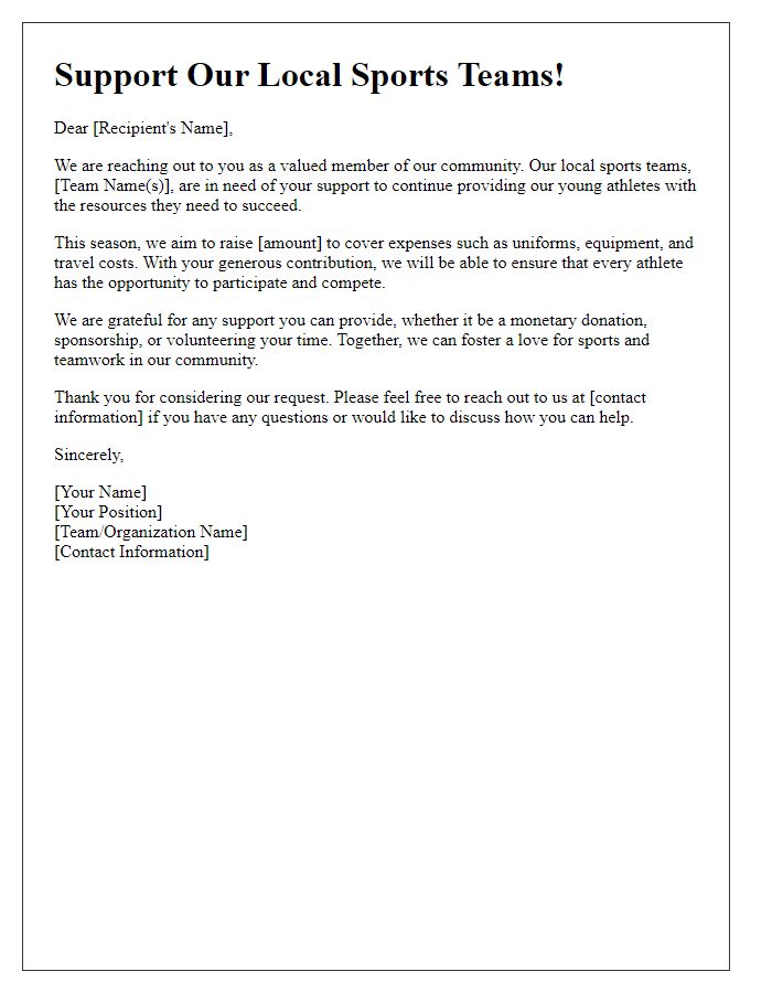 Letter template of fundraising support for local sports teams.