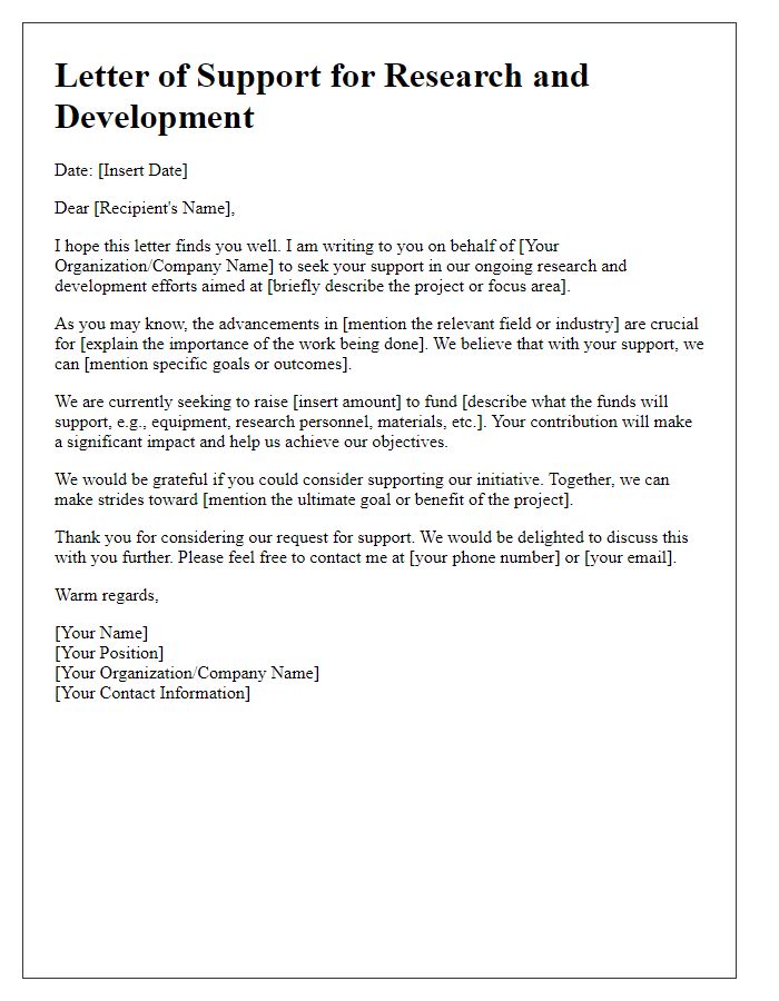 Letter template of fundraising support for research and development.