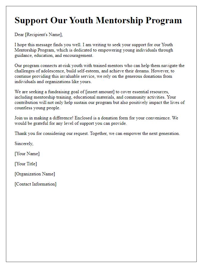 Letter template of fundraising support for youth mentorship programs.