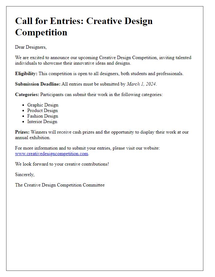 Letter template of a call for entries for a creative design competition