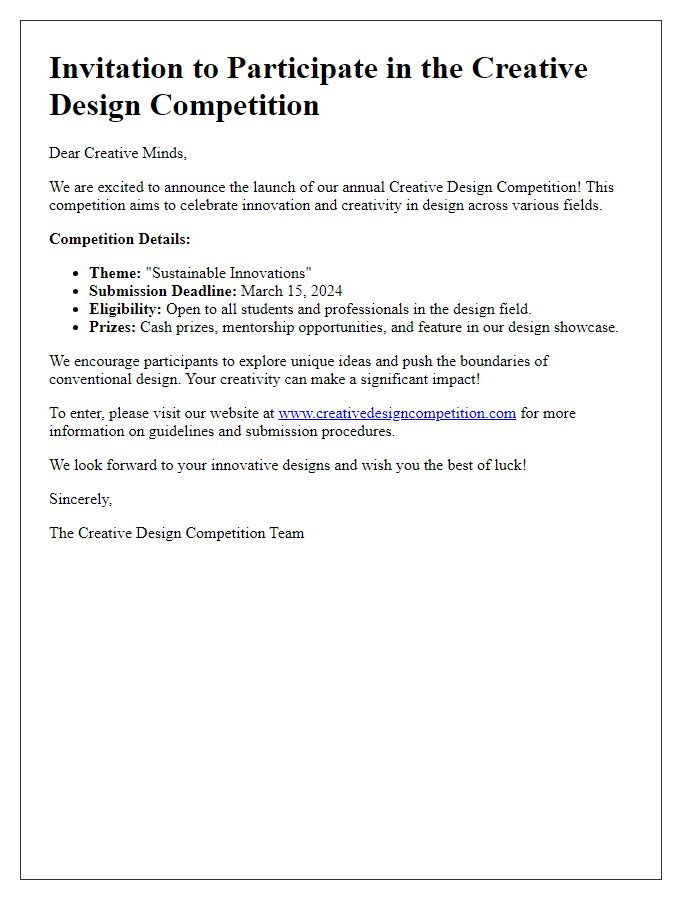 Letter template of a creative design competition launch