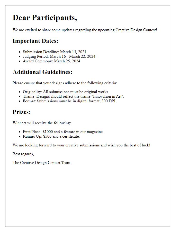 Letter template of informational update for creative design contest