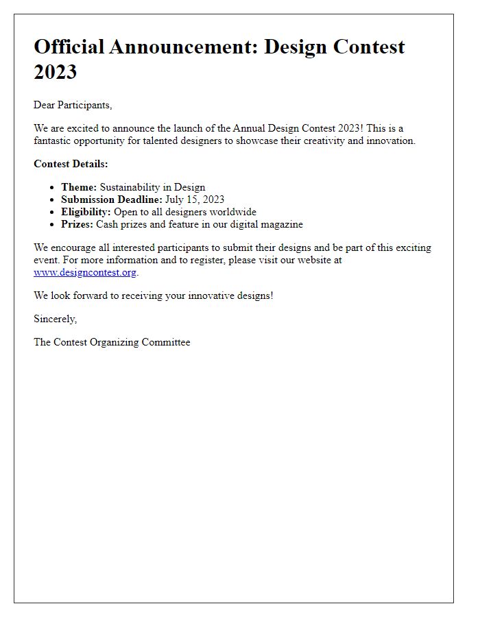 Letter template of the official announcement of a design contest