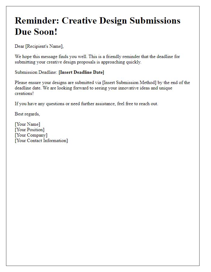 Letter template of a reminder for creative design submissions