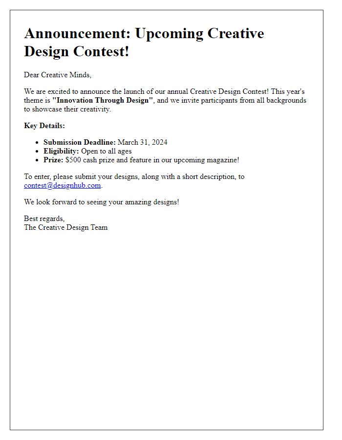 Letter template of an upcoming creative design contest announcement