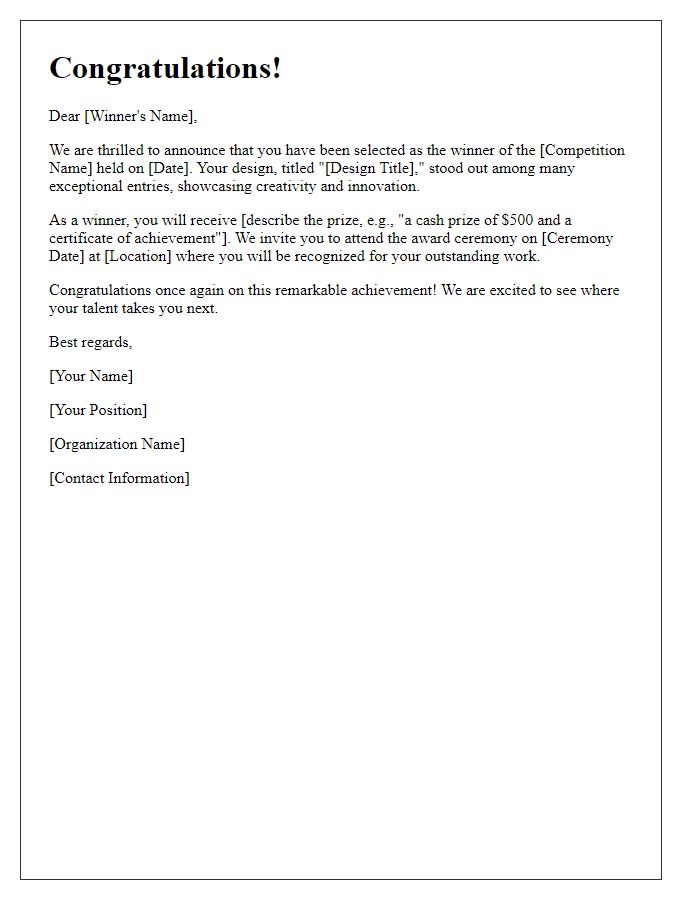 Letter template of winner announcement for the design competition