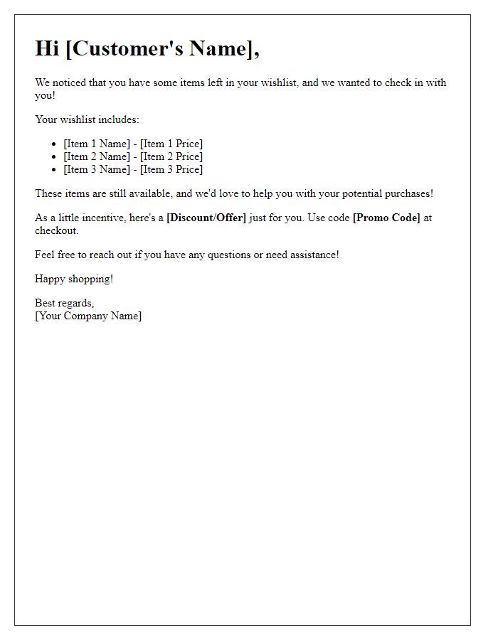 Letter template of abandoned wishlist check-in for potential purchases
