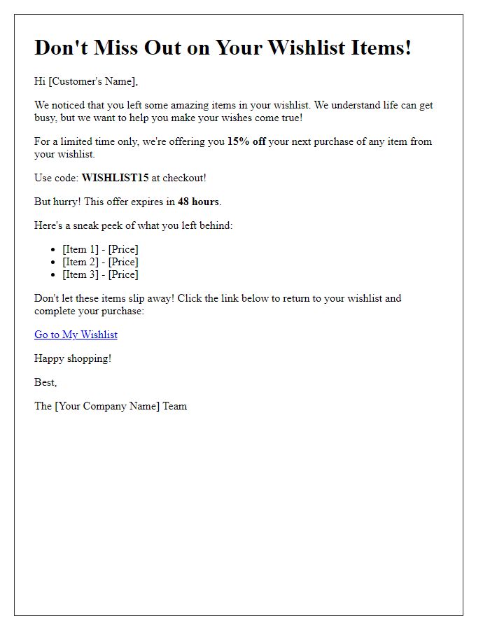 Letter template of abandoned wishlist incentive with limited-time offers