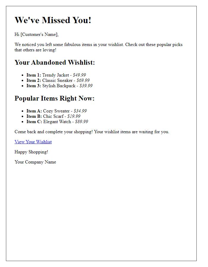 Letter template of abandoned wishlist update featuring popular items