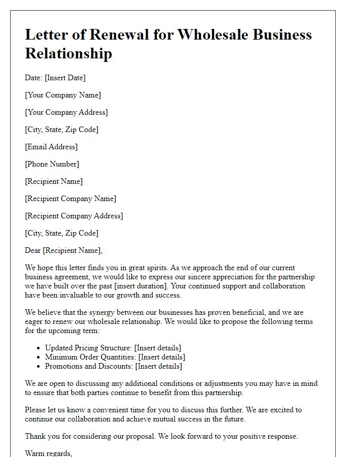 Letter template of wholesale business relationship renewal