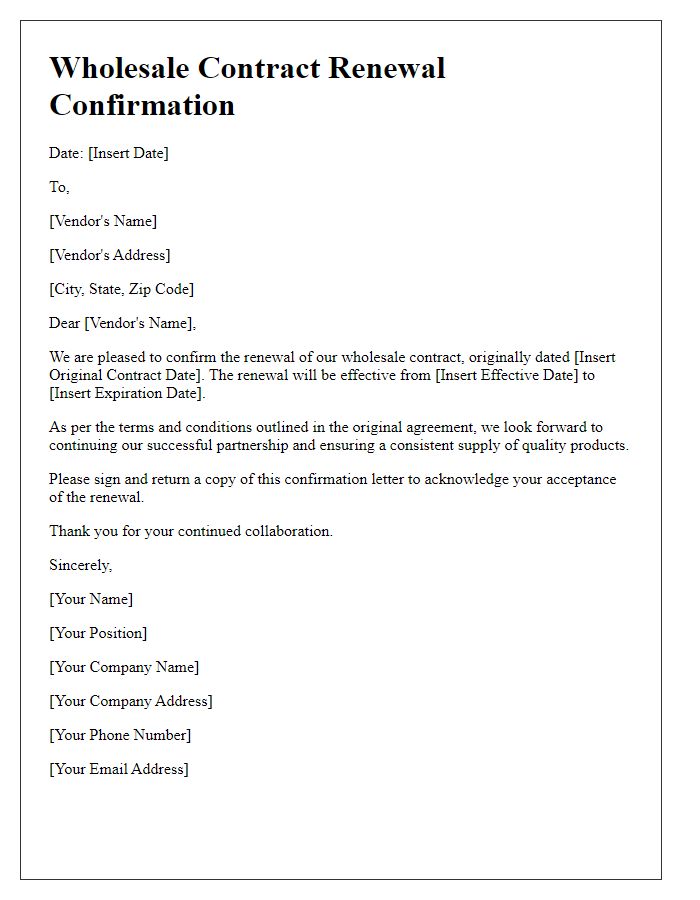 Letter template of wholesale contract renewal confirmation