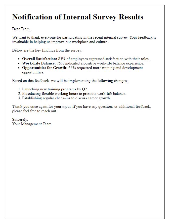 Letter template of notification about internal survey results