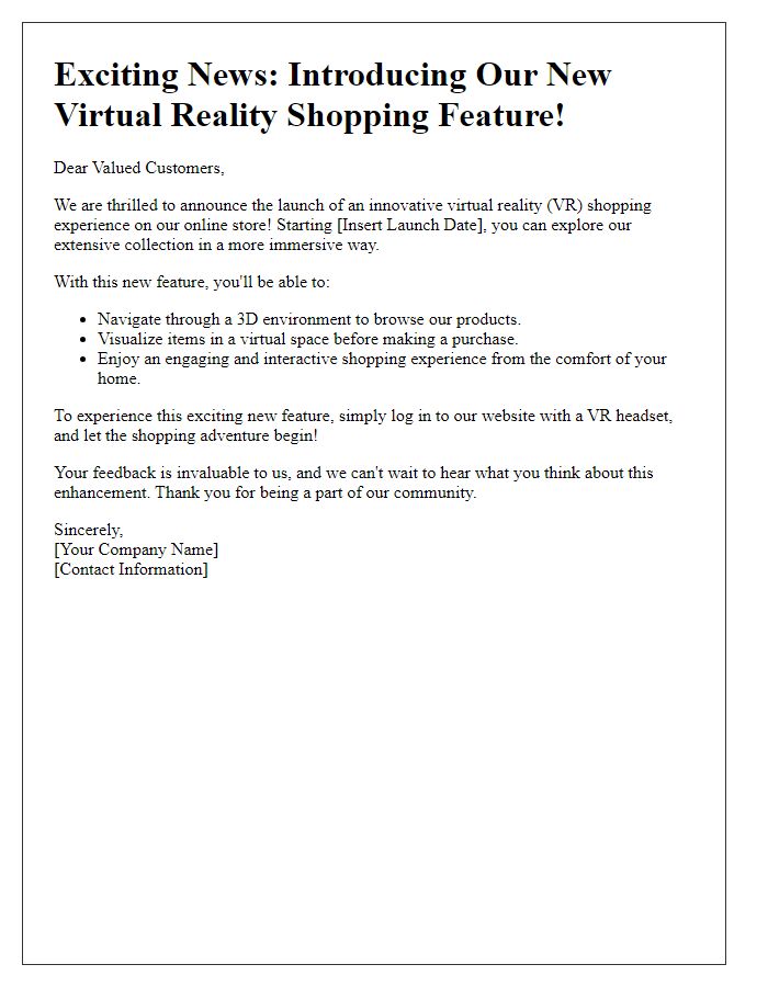 Letter template of announcing a new virtual reality shopping feature for the online store.