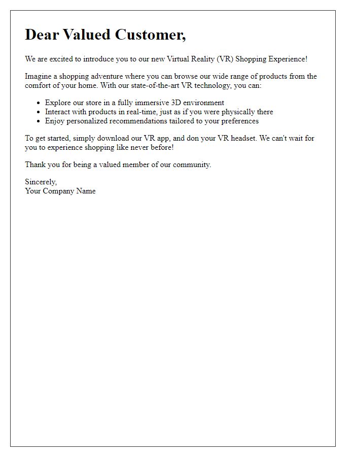 Letter template of introducing virtual reality shopping experience to customers.