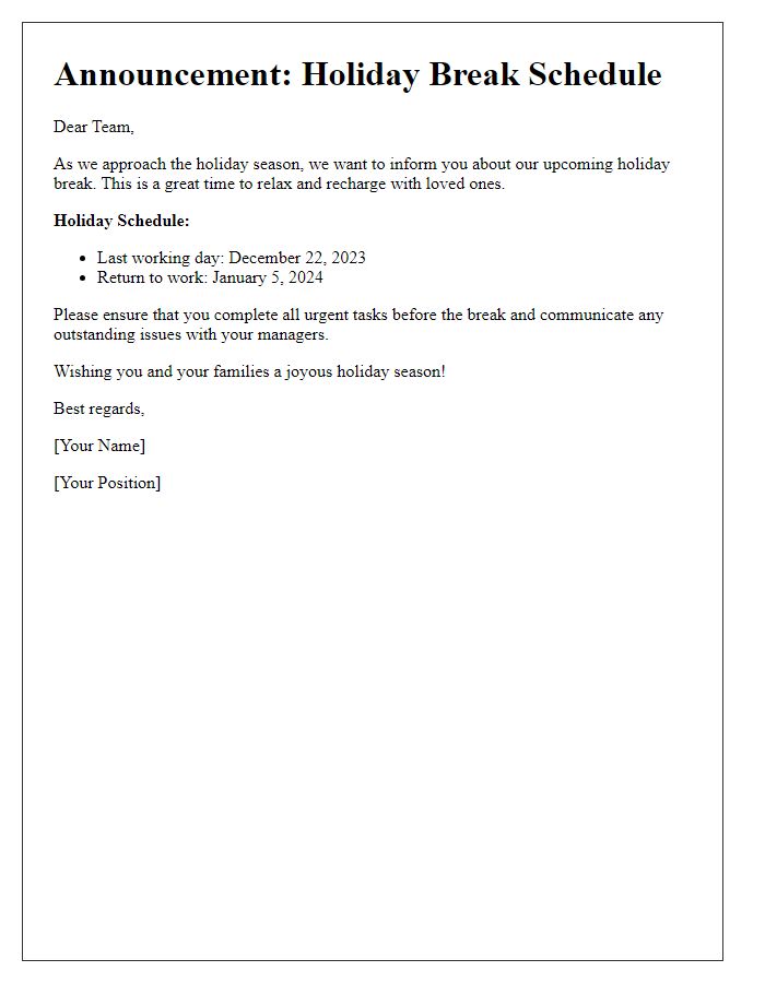 Letter template of holiday break announcement for team members