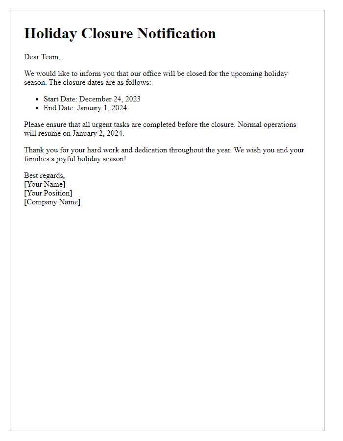 Letter template of holiday closure notification for employees